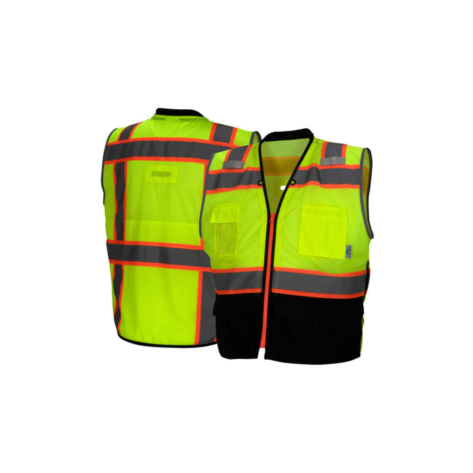 Pyramex-Surveyors Vest-Class 2 Contrast Trim - Lime W/ Black Bottom -2'' Reflective Stripe & Contrasting Trim