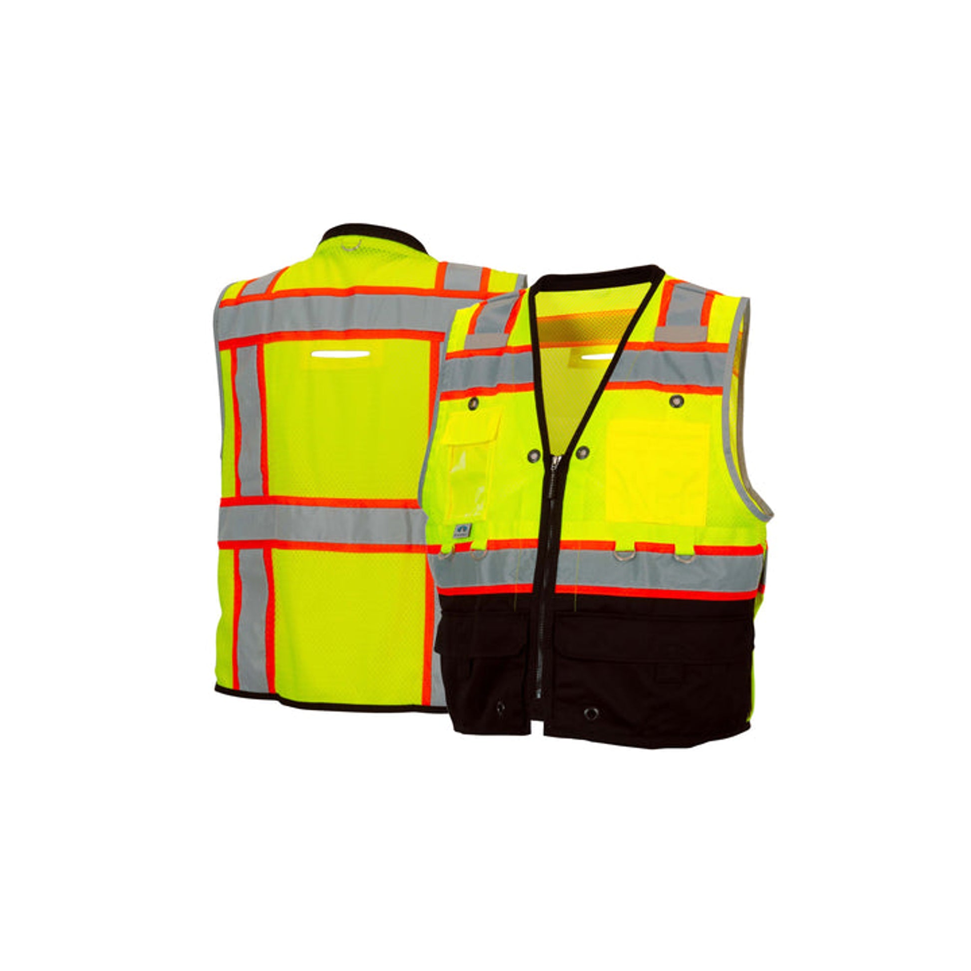 Pyramex -Hi-Viz Lime - Heavy Duty Utility Vest 2" Reflective Striping W/ Contrast Trim & Reinforced Seams + D-Ring On Exterior