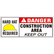 HARD HAT REQUIRED  DANGER CONSTRUCTION AREA KEEP OUT- REINFORCED WHITE - HARD HAT REQUIRED  DANGER CONSTRUCTION AREA KEEP OUT- REINFORCED WHITE, 48x120, Banner