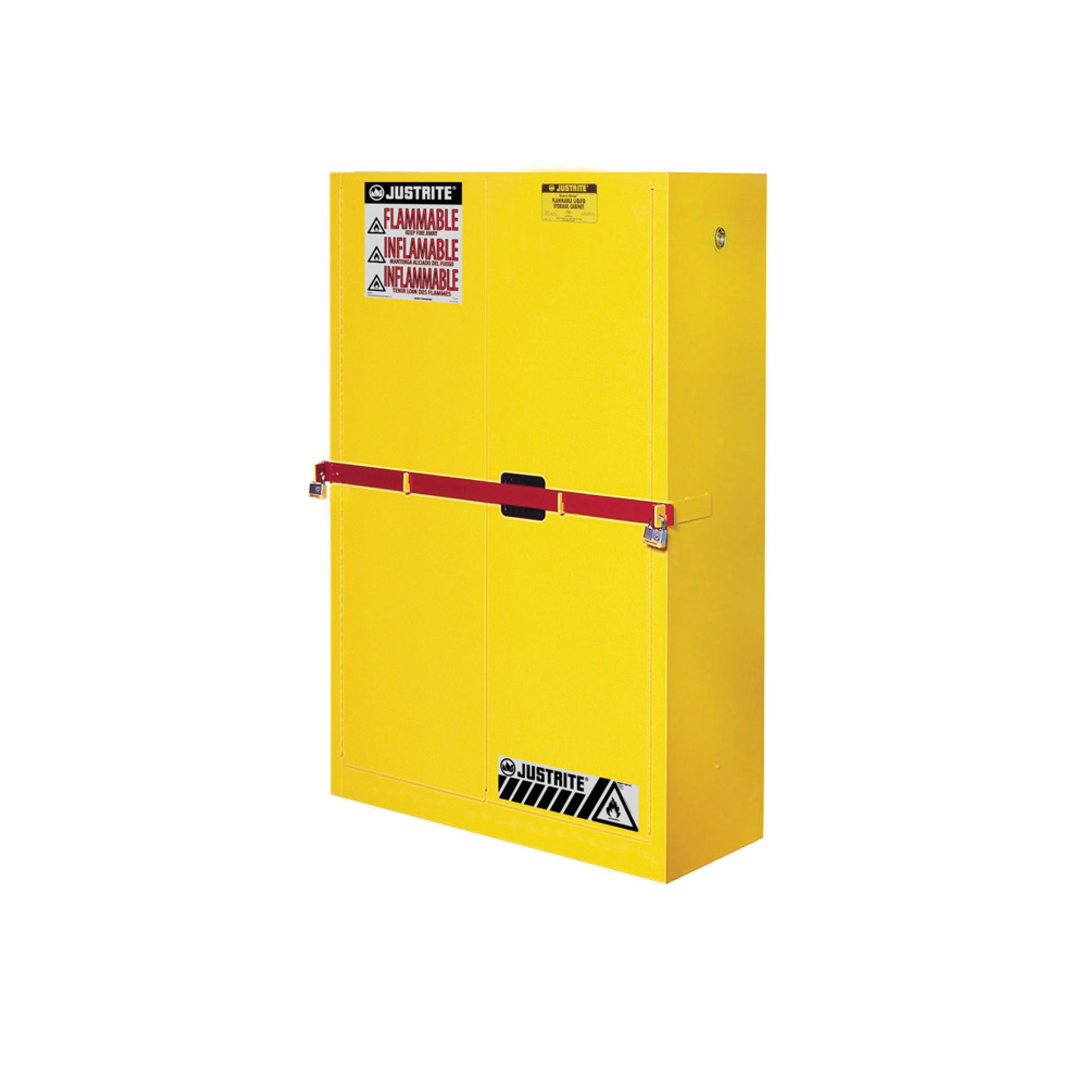 Justrite High Security Flammables Safety Cabinet W/Steel Bar - Cap. 45 Gals. - 2 Shelves - 2 S/C Doors - Yellow - SC29884Y