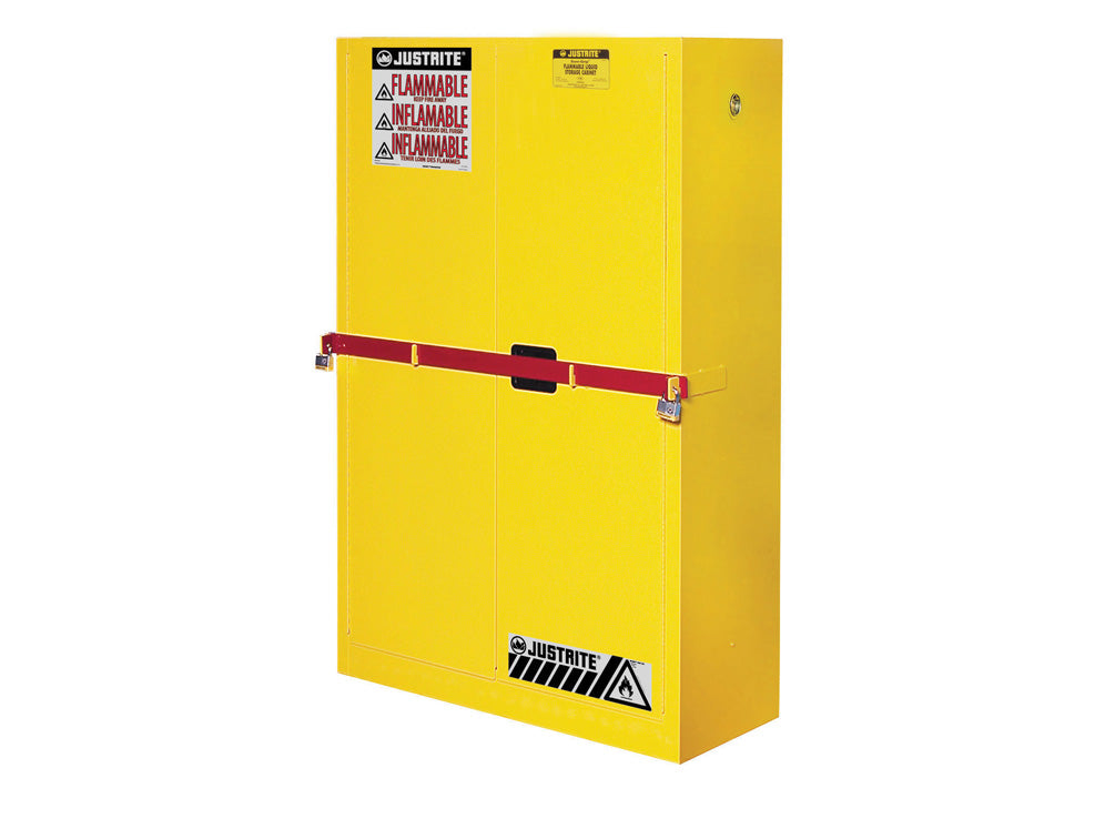 Justrite High Security Flammables Safety Cabinet W/Steel Bar - Cap. 45 Gals. - 2 Shelves - 2 S/C Doors - Yellow - SC29884Y