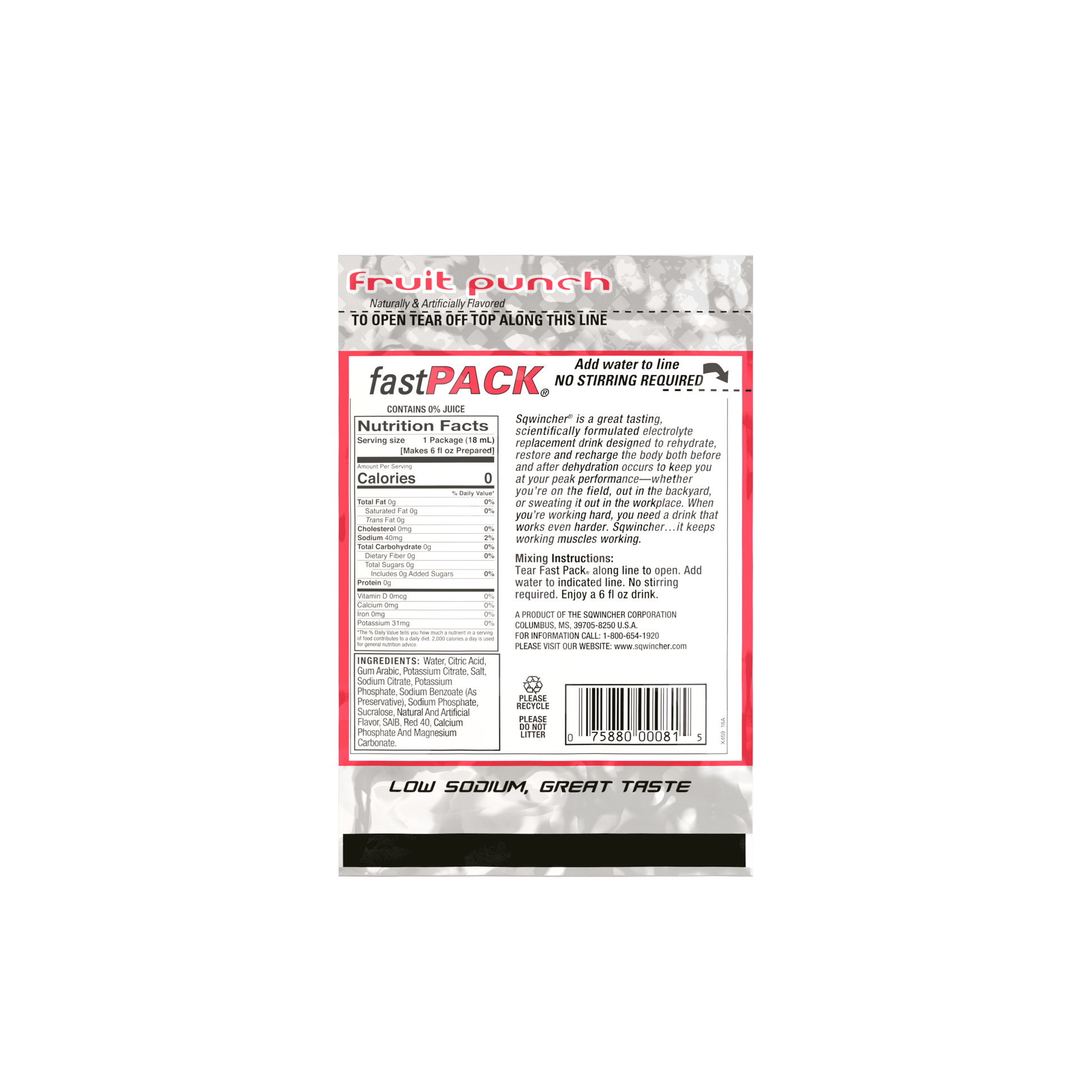 Sqwincher FastPack Zero Single Serve, 0.6 oz Packs, 6 oz Yield, Fruit Punch, 4 Boxes/50 Each, Sugar Free - 015501