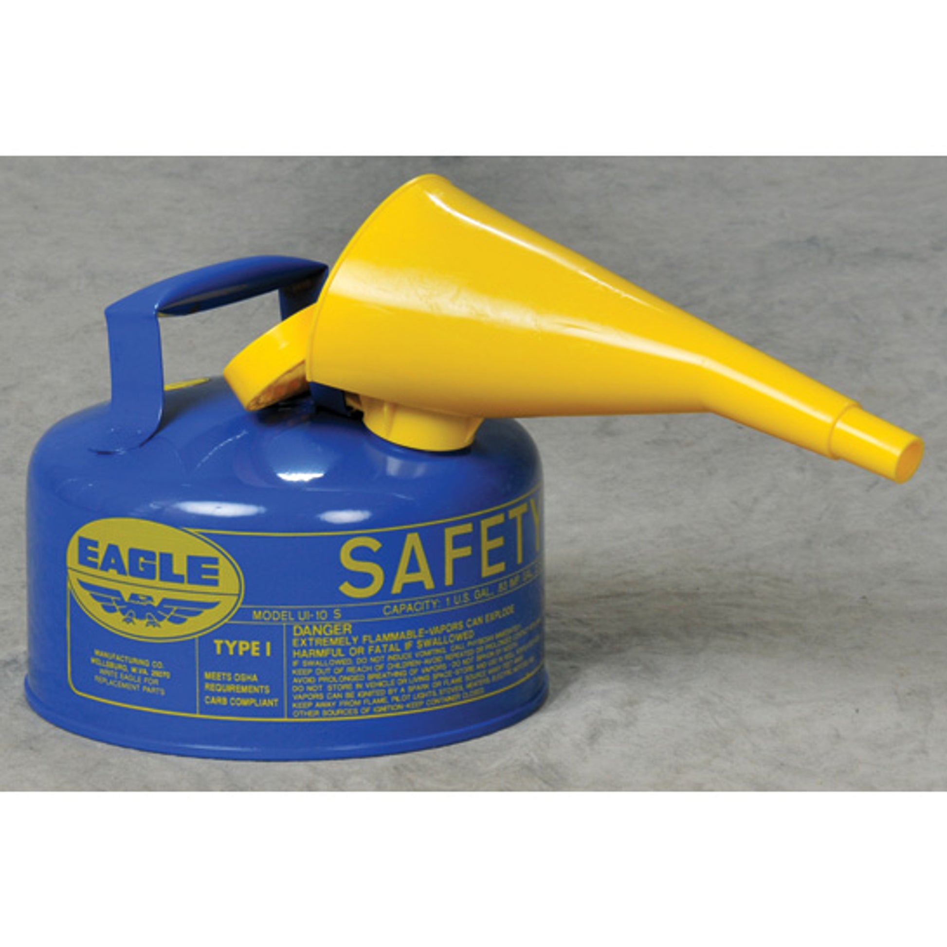 Eagle Type I Steel Safety Can for Kerosene - 1 Gallon - with Funnel - Flame Arrester - Blue - UI10FSB