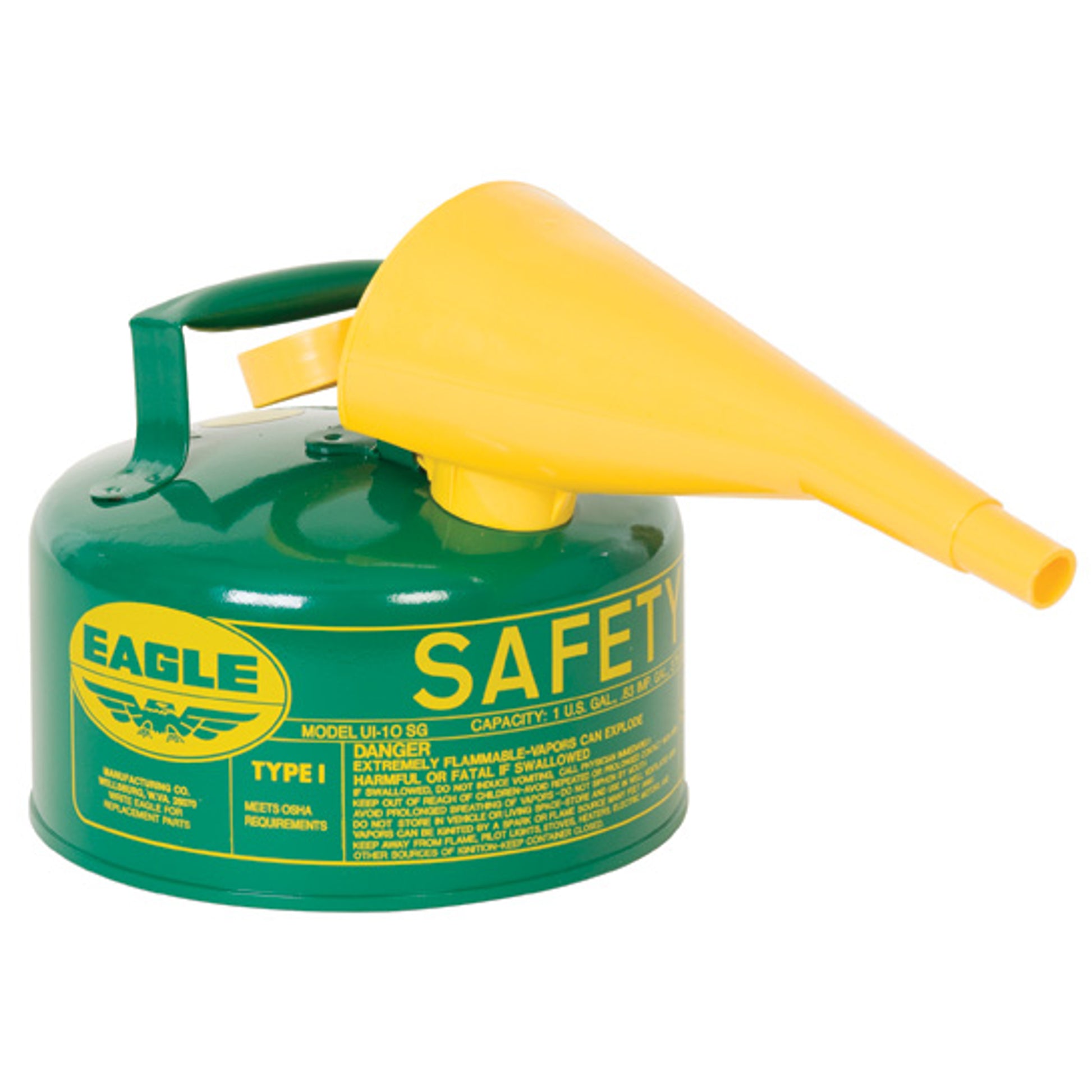 Eagle Type I Steel Safety Can for Combustibles - 1 Gallon - with Funnel - Arrester - Green - UI10FSG