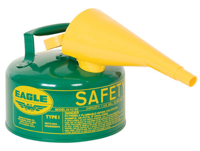 Justrite Type I Steel Safety Can for Combustibles - 1 Gallon - with Funnel - Arrester - Green - UI10FSG