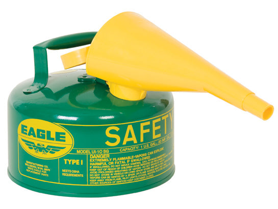 Eagle Type I Steel Safety Can for Combustibles - 1 Gallon - with Funnel - Arrester - Green - UI10FSG