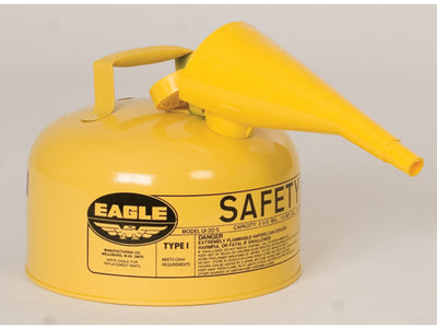 Justrite Type I Steel Safety Can for Diesel - 2 Gallon - with Funnel - Flame Arrester - Yellow - UI20FSY
