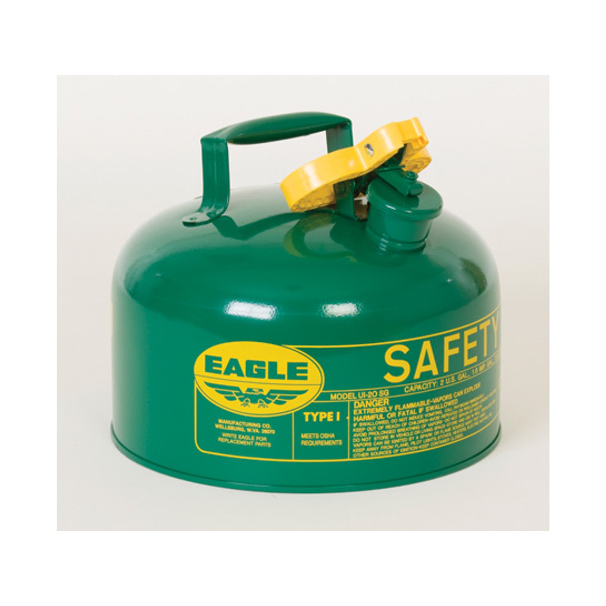 Eagle Type I Steel Safety Can for Combustibles - 2 Gallon - Flame Arrester - Green - UI20SG