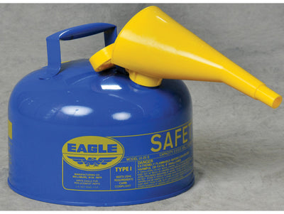 Justrite Type I Steel Safety Can for Kerosene - 2.5 Gallon - with Funnel - Flame Arrester - Blue - UI25FSB