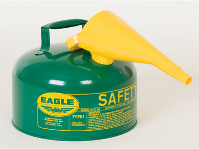 Justrite Type I Steel Safety Can for Combustibles - 2.5 Gallon - with Funnel - Arrester - Green - UI25FSG