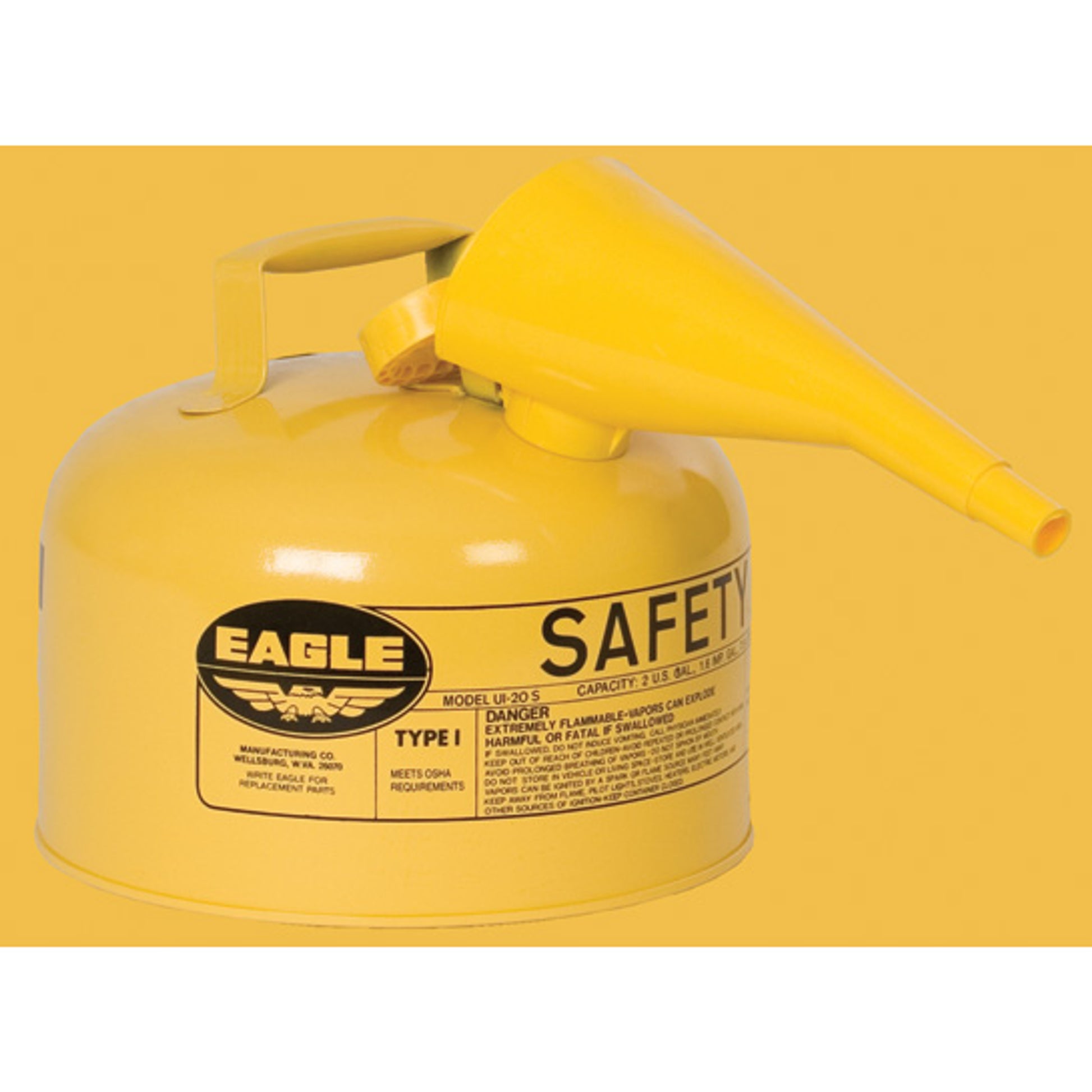 Eagle Type I Steel Safety Can for Diesel - 2.5 Gallon - with Funnel - Flame Arrester - Yellow - UI25FSY