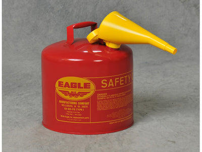 Justrite Type I Steel Safety Can for Flammables - 5 Gallon - with Funnel - Flame Arrester - Red - UI50FS
