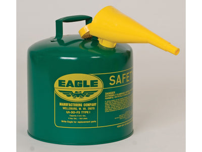 Justrite Type I Steel Safety Can for Combustibles - 5 Gallon - with Funnel - Arrester - Green - UI50FSG
