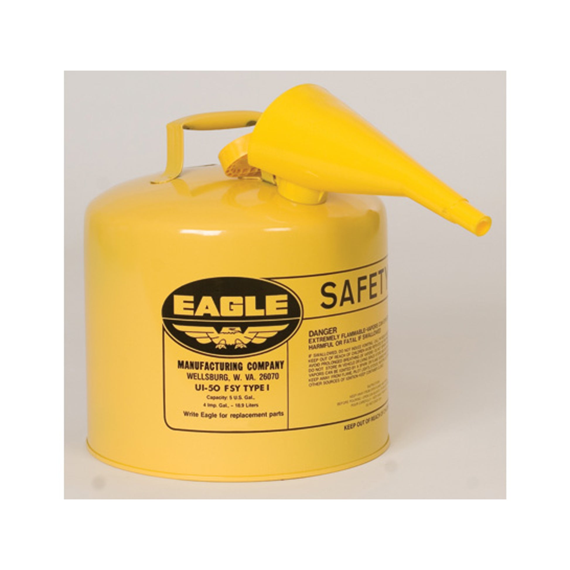 Eagle Type I Steel Safety Can for Diesel - 5 Gallon - with Funnel - Flame Arrester - Yellow - UI50FSY