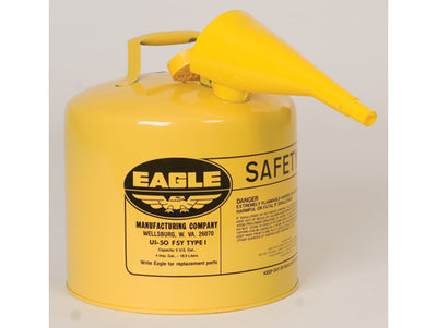 Justrite Type I Steel Safety Can for Diesel - 5 Gallon - with Funnel - Flame Arrester - Yellow - UI50FSY