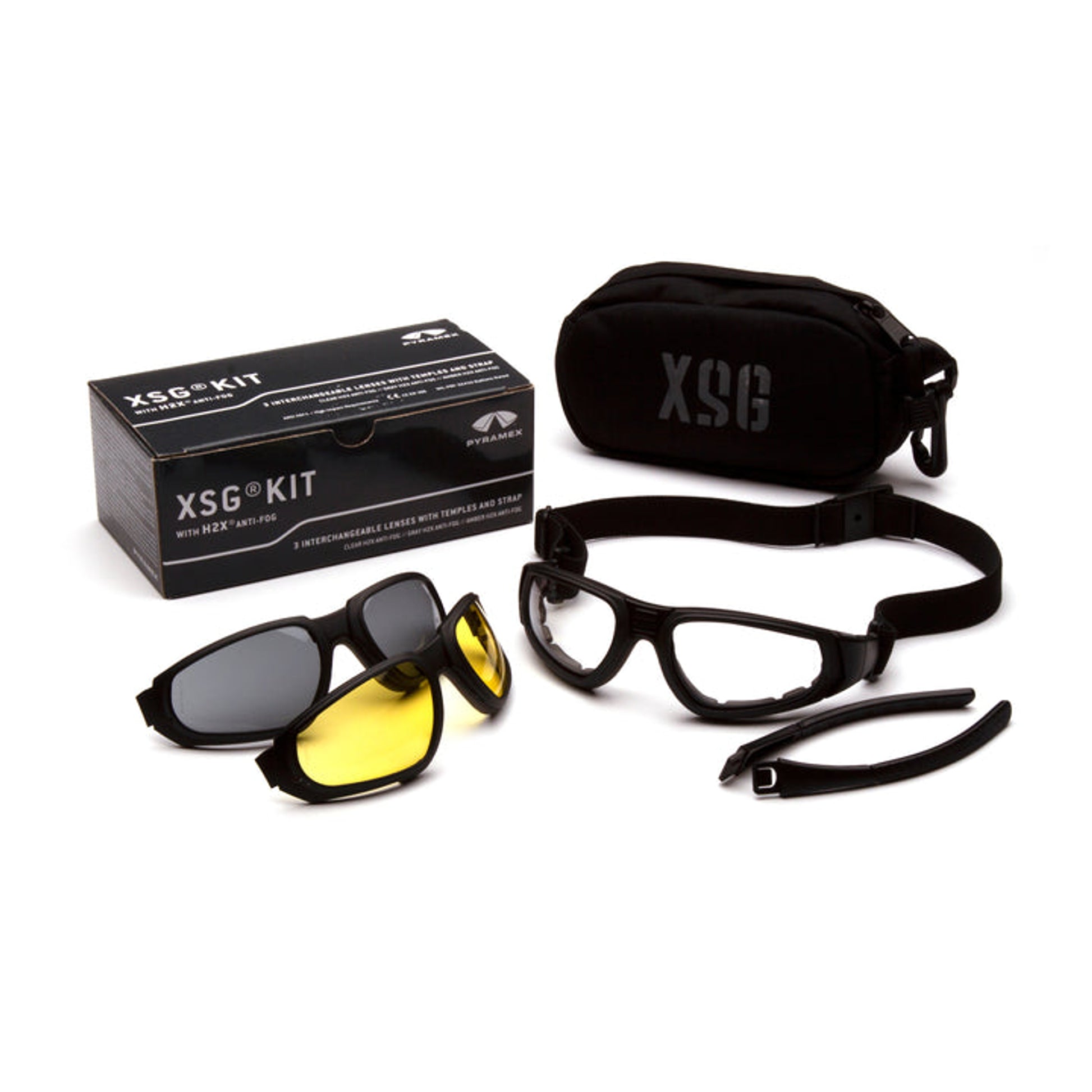Pyramex - XSG - Black Frame/Clear Ballistic, Gray Ballistic and Amber Ballistic interchangeable anti-fog lenses. Black Ballistic nylon case for storage. Interchangeble temples included. - 1/Pair