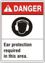 EAR PROTECTIOIN REQUIRED IN THIS AREA. EAR PROTECTION PICTO - DANGER SIGN