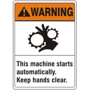 THIS MACHINE STARTS AUTOMATICALLY. KEEP HANDS CLEAR. HAND PICTO - WARNING SIGN - THIS MACHINE STARTS AUTOMATICALLY. KEEP HANDS CLEAR. HAND PICTO - WARNING SIGN, 14X10, Adhesive Vinyl