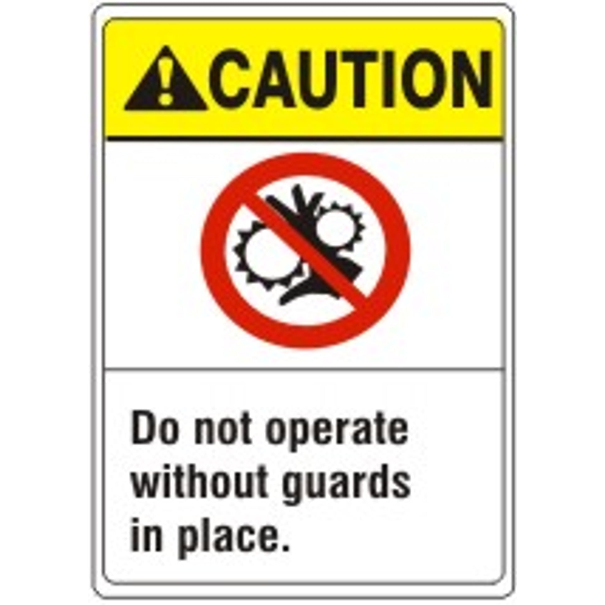 DO NOT OPERATE WITHOUT  GUARDS IN PLACE. HAND PICTO - CAUTION SIGN - DO NOT OPERATE WITHOUT  GUARDS IN PLACE. HAND PICTO - CAUTION SIGN, 14X10, Adhesive Vinyl