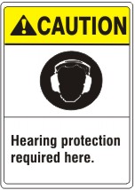 HEARING PROTECTION REQUIRED HERE. EAR PROTECTION PICTO - CAUTION SIGN