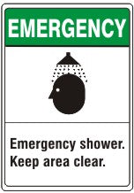 EMERGENCY SHOWER KEEP AREA CLEAR. SHOWER AND HEAD PICTO - EMERGENCY SIGN