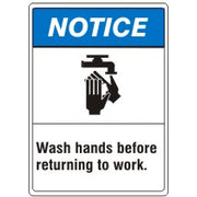 WASH HANDS BEFORE RETURNING TO WORK.  WASHING HAND PICTO - NOTICE SIGN - WASH HANDS BEFORE RETURNING TO WORK.  WASHING HAND PICTO - NOTICE SIGN, 14X10, Plastic (.040)