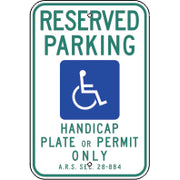 RESERVED PARKING PICTO HANDICAP PLATE OR PERMIT ONLY  A.R.S SEC - HANDICAPPED PARKING SIGN - RESERVED PARKING PICTO HANDICAP PLATE OR PERMIT ONLY  A.R.S SEC - HANDICAPPED PARKING SIGN, 18X12, Aluminum (.080) EGP Reflective