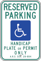 RESERVED PARKING PICTO HANDICAP PLATE OR PERMIT ONLY A.R.S SEC - HANDICAPPED PARKING SIGN