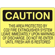 THIS AREA PROTECTED BY CO2 FIRE EXTINGUISHER SYSTEM LEAVE IMMEDIATELY - CAUTION SIGN - THIS AREA PROTECTED BY CO2 FIRE EXTINGUISHER SYSTEM LEAVE IMMEDIATELY - CAUTION SIGN, 14X20, Adhesive Vinyl