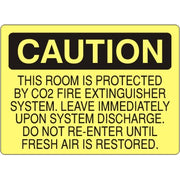 THIS ROOM IS PROTECTED BY CO2 FIRE EXTINGUISHER SYSTEM LEAVE - CAUTION SIGN - THIS ROOM IS PROTECTED BY CO2 FIRE EXTINGUISHER SYSTEM LEAVE - CAUTION SIGN, 14X20, Adhesive Vinyl