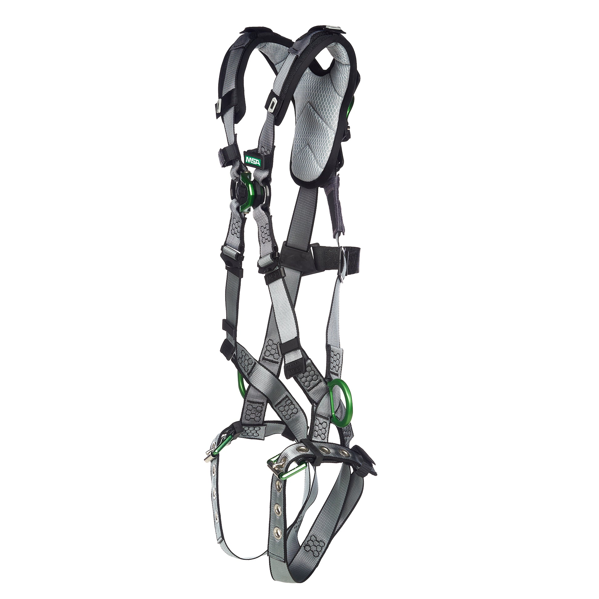 MSA V-FIT Harness w/Back, Front & Side D-Rings - Tongue Buckle Leg Straps - Shoulder Padding - Extra Small - 10194896