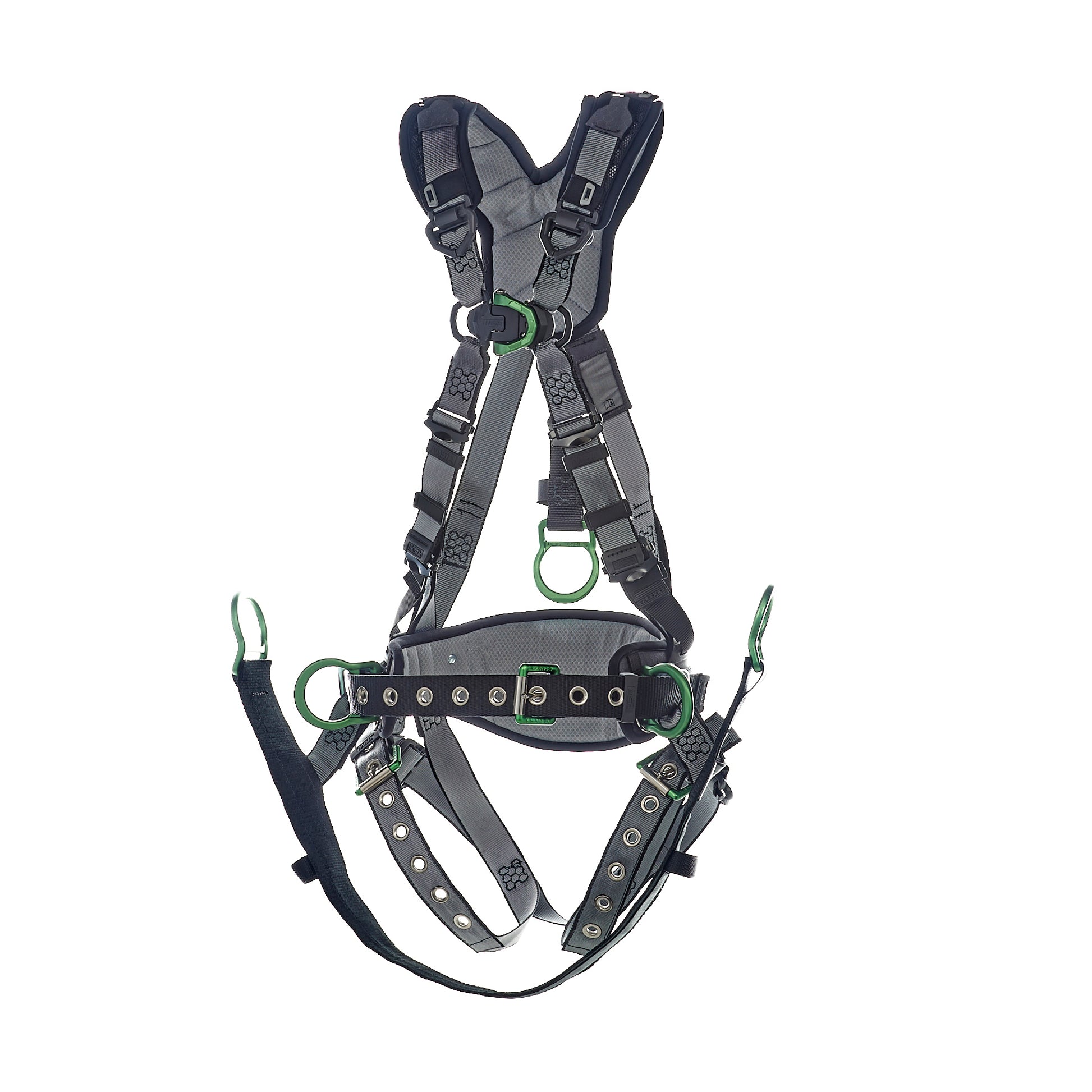 MSA V-FIT Derrick Harness w/Back, Front & Side D-Rings - Tongue Buckle Leg Straps - Shoulder Padding - Extra Large - 10195206