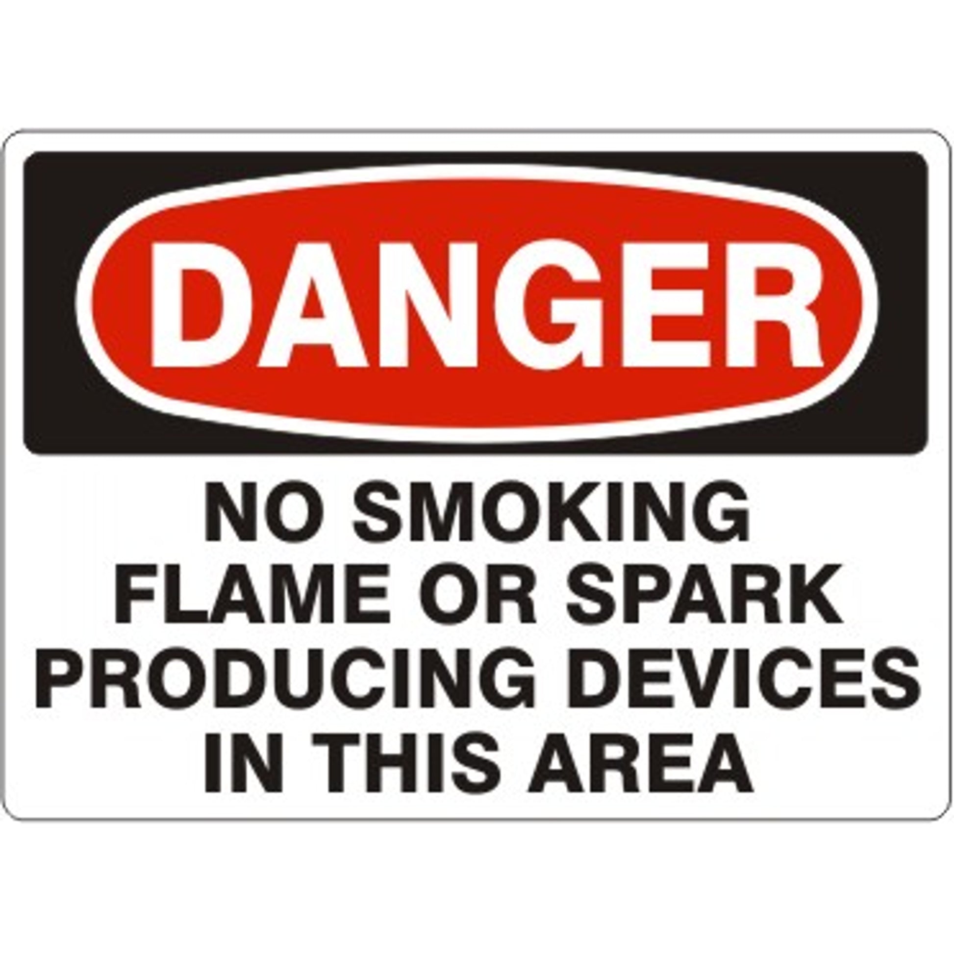 NO SMOKING FLAME OR SPARK PRODUCING DEVICES IN THIS AREA - DANGER SIGN - NO SMOKING FLAME OR SPARK PRODUCING DEVICES IN THIS AREA - DANGER SIGN, 14X20, Adhesive Vinyl