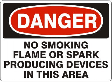 NO SMOKING FLAME OR SPARK PRODUCING DEVICES IN THIS AREA - DANGER SIGN