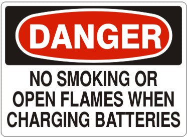NO SMOKING OR OPEN FLAMES WHEN CHARGING BATTERIES - DANGER SIGN