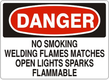 NO SMOKING WELDING MATCHES OR OPEN LIGHTS FLAMMABLE - DANGER SIGN
