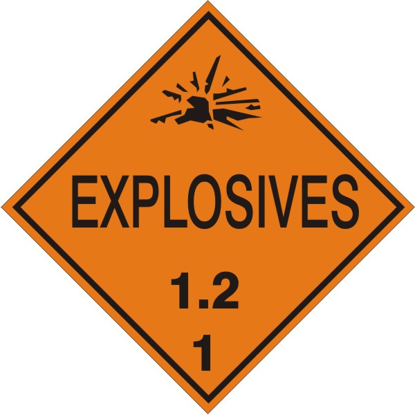 EXPLOSIVES 1.2 - CLASS 1 DOT PLACARD - EXPLOSIVES 1.2 - CLASS 1 DOT PLACARD, 10.75, Rigid Vinyl