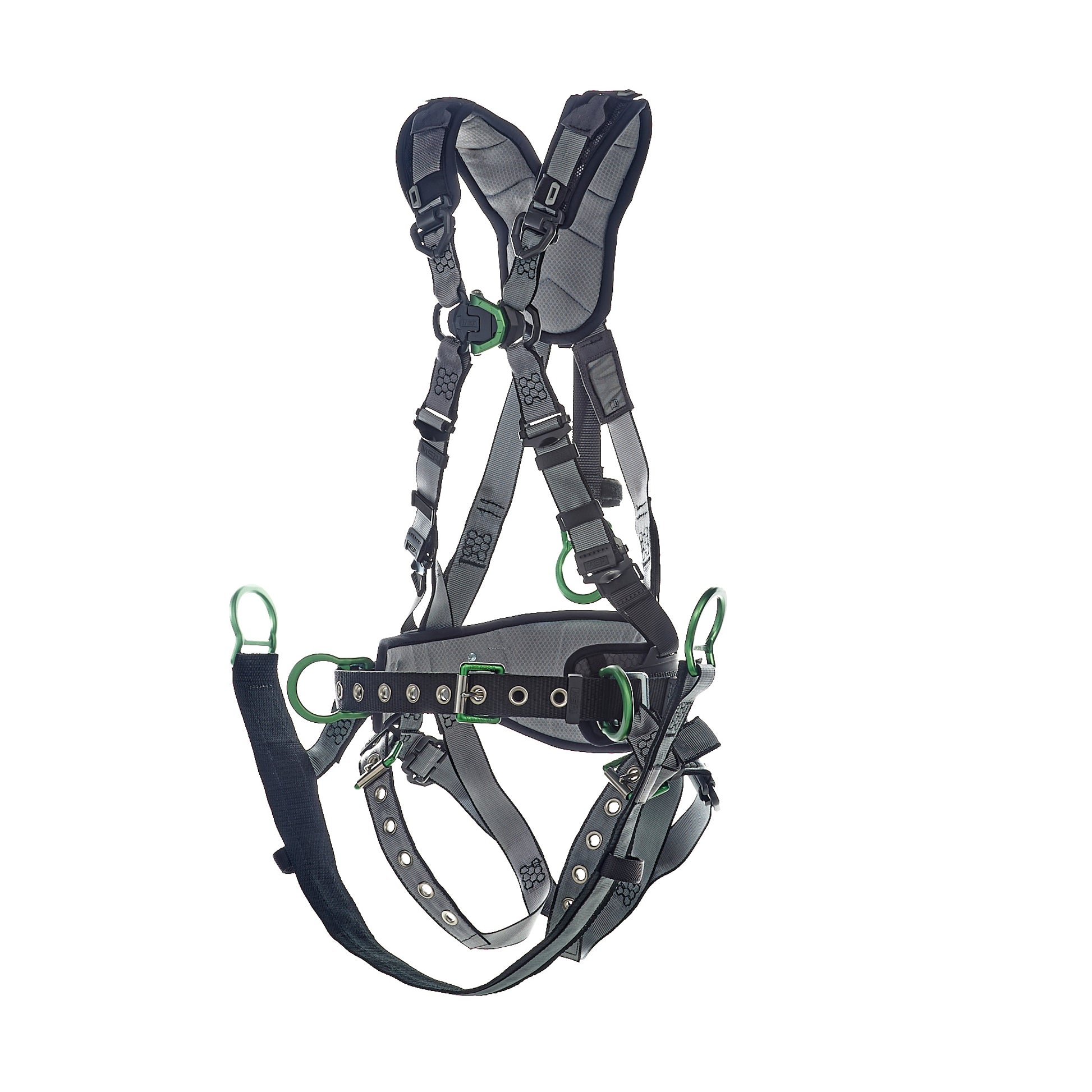 MSA V-FIT Derrick Harness w/Back, Front & Side D-Rings - Tongue Buckle Leg Straps - Shoulder Padding - Extra Large - 10195206