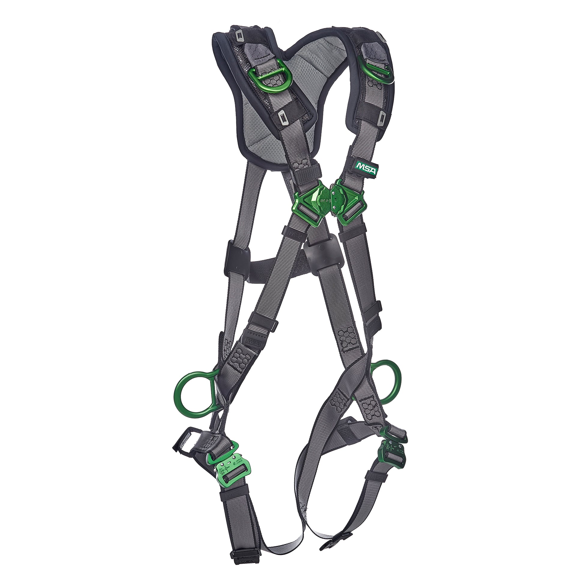 MSA V-FIT Harness w/Back, Side and Shoulder D-Rings - Quick-Connect Leg Straps - Shoulder Padding - Extra Large - 10194886