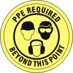 PPE REQUIRED BEYOND THIS POINT WITH THREE WORKER HEADS PICTOS FLOOR DECAL
