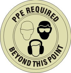 PPE REQUIRED BEYOND THIS POINT WITH THREE WORKER HEADS PICTOS FLOOR DECAL GLOW