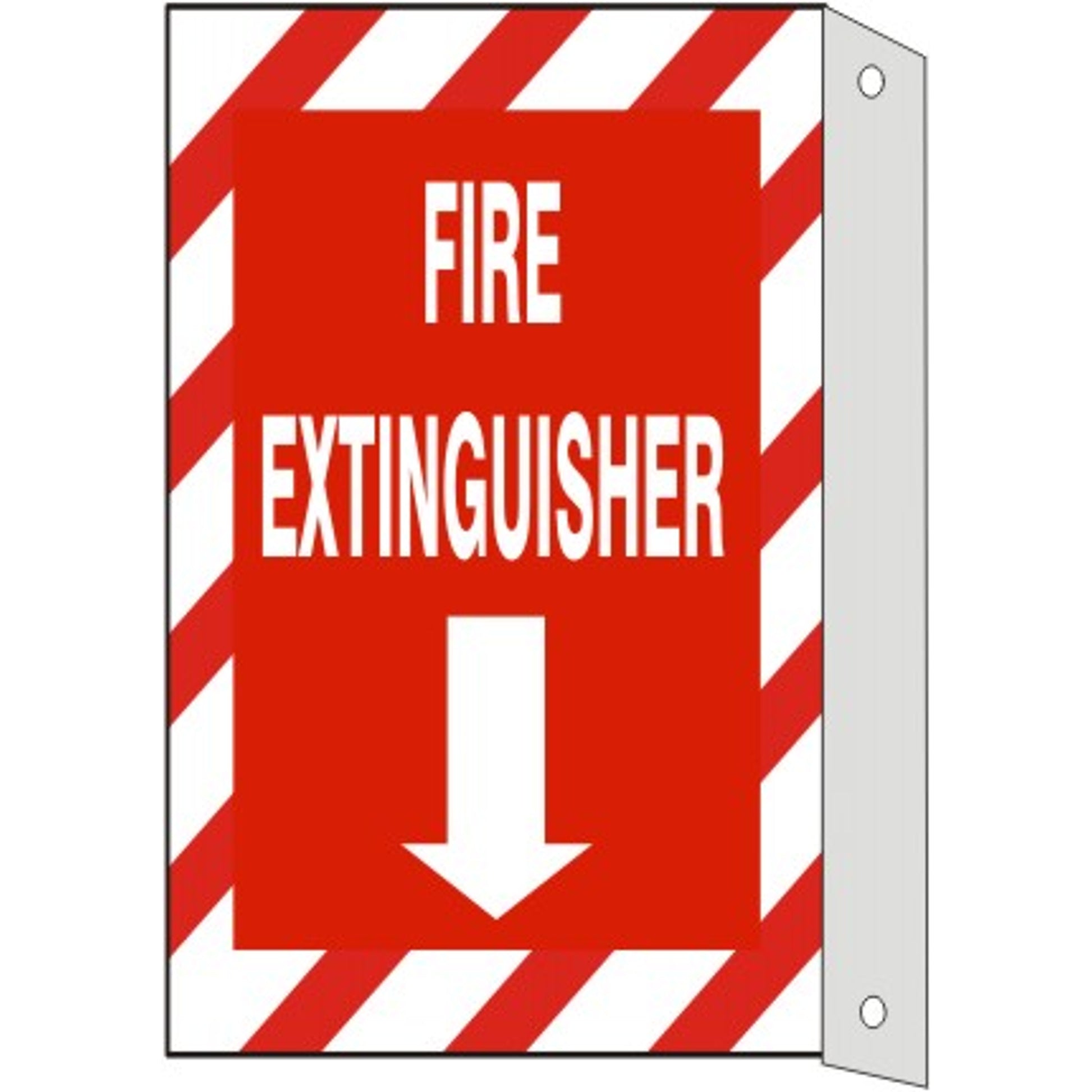 FIRE EXTINGUISHER  DOWN ARROW  RED/WHT STRIPE BORDER WITH FLANGE - FIRE EXTINGUISHER  DOWN ARROW  RED/WHT STRIPE BORDER WITH FLANGE, 14X10, Plastic (.040)