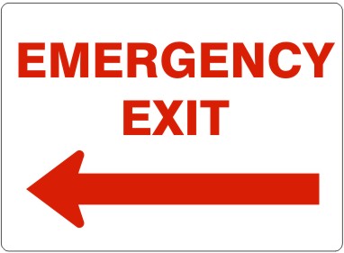 EMERGENCY EXIT LEFT ARROW-RED ON WHITE