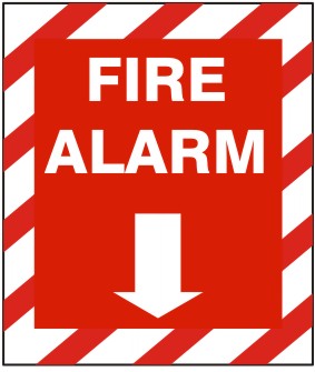 FIRE ALARM WITH DOWN ARROW WRED/WHT STRIPE BORDER