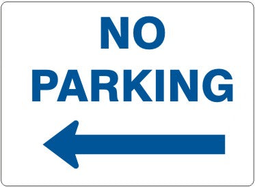 NO PARKING LEFT ARROW BLUE ON WHITE