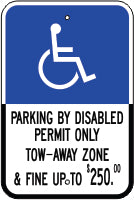 PICTO PARKING BY DISABLED PERMIT ONLY TOW-AWAY ZONE & FINE - HANDICAPPED PARKING SIGN