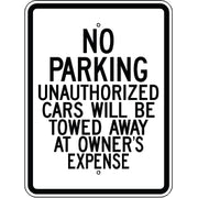 NO PARKING UNAUTHORIZED CARS WILL BE TOWED AWAY AT OWNER’S - NO PARKING UNAUTHORIZED CARS WILL BE TOWED AWAY AT OWNER’S, 24X18, Aluminum (.080) EGP Reflective
