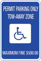 PERMIT PARKING ONLY TOW-AWAY ZONE PICTO MAXIMUM FINE $500.00 - HANDICAPPED PARKING SIGN