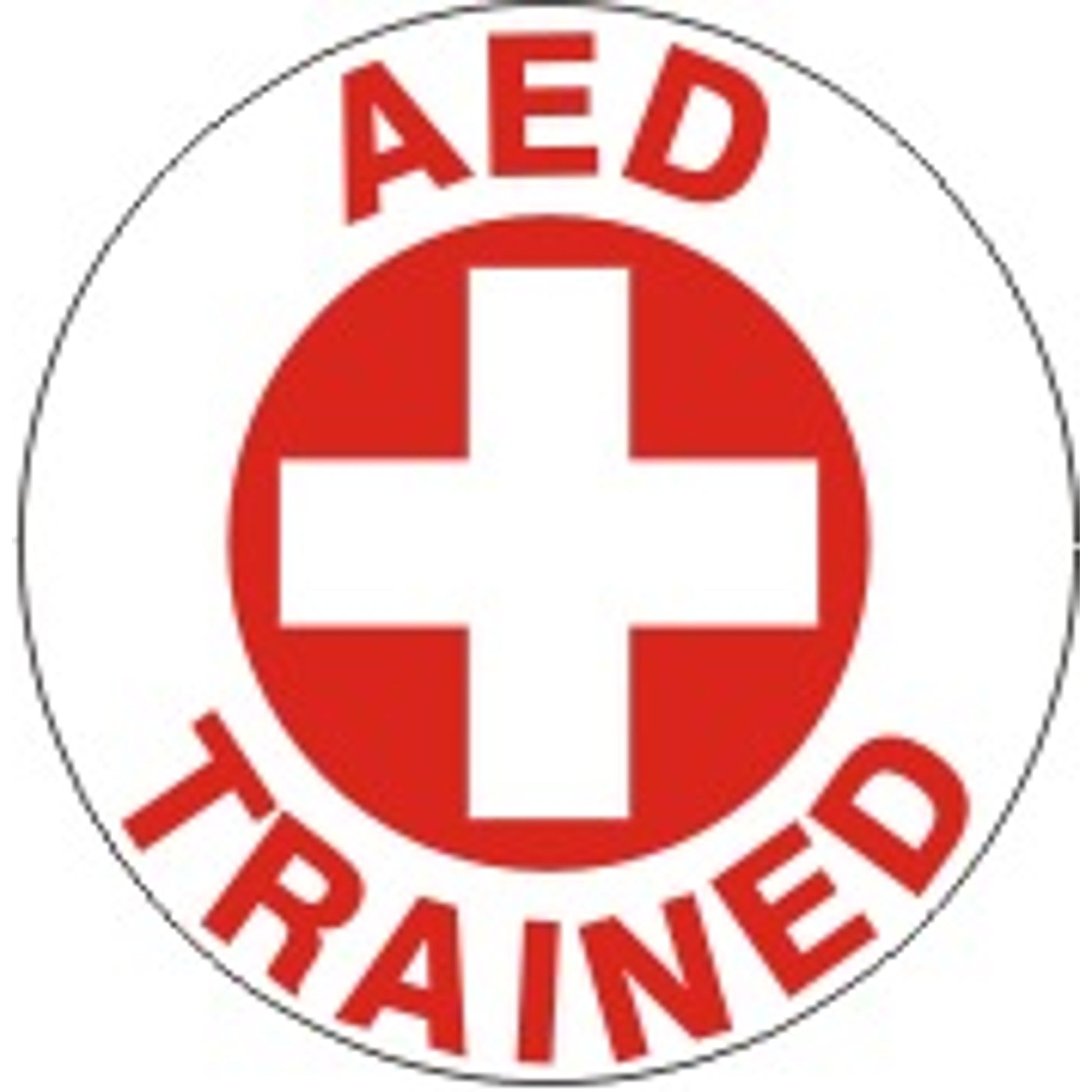 AED TRAINED WITH PICTO WHITE CROSS IN RED CIRCLE - HELMET / HARD HAT MARKERS - AED TRAINED WITH PICTO WHITE CROSS IN RED CIRCLE - HELMET / HARD HAT MARKERS, 2x2, Reflective Adhesive Vinyl