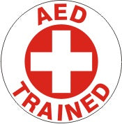 AED TRAINED WITH PICTO WHITE CROSS IN RED CIRCLE - HELMET / HARD HAT MARKERS